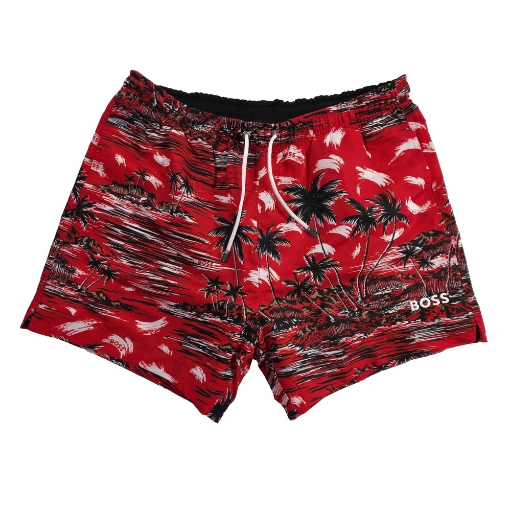 Hugo Boss Men's XL Swim Trunks Red Black Palm Trees Lined New Seaqual Quick Dry